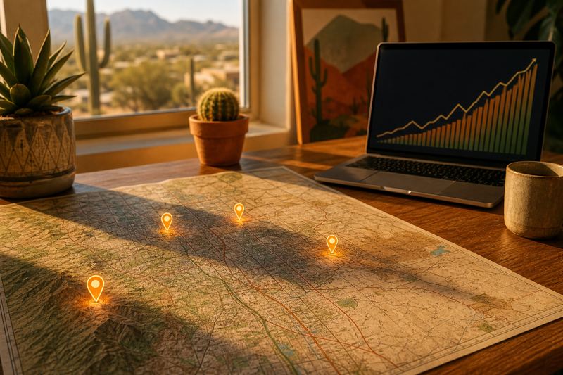 Paper map of Tucson with glowing orange pins beside a laptop showing a rising chart