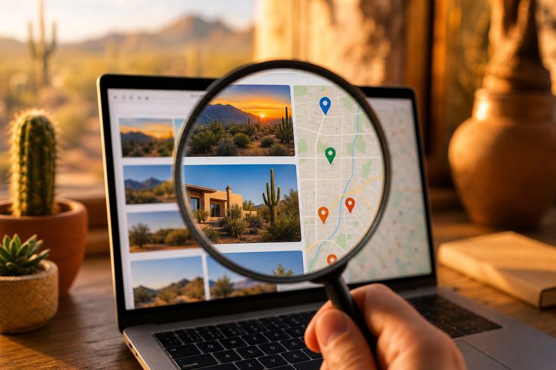 Magnifying glass held over a laptop showing search results with map pins