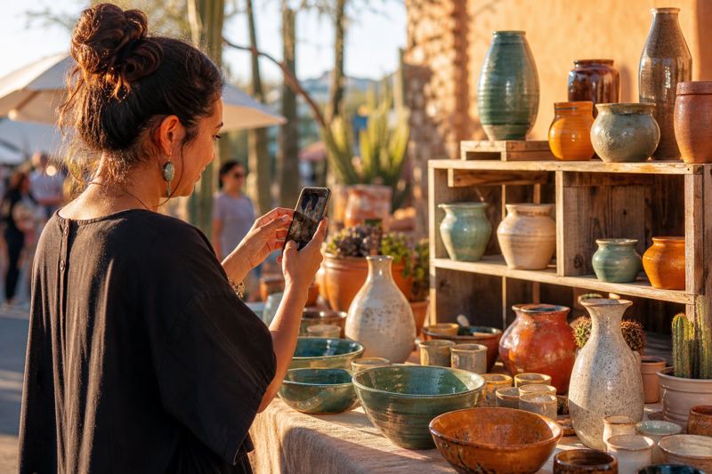 Shop owner photographing handmade pottery with her smartphone at a sunny Tucson market stall