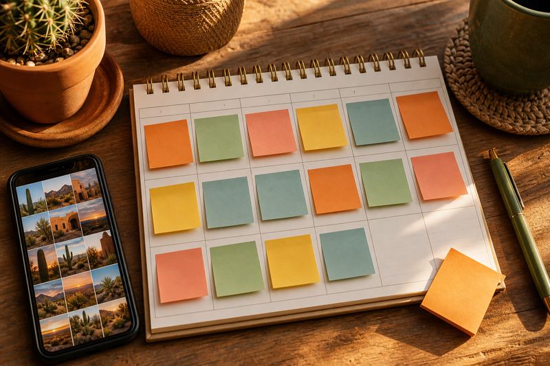 Weekly content calendar with colorful sticky notes beside a phone showing a grid of photos