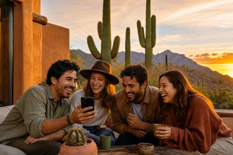 Four friends laughing at a phone together on a patio with saguaro cactus and sunset behind them