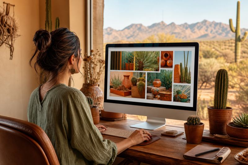 Woman editing her business website on a large monitor in a bright home office with a cactus on the desk