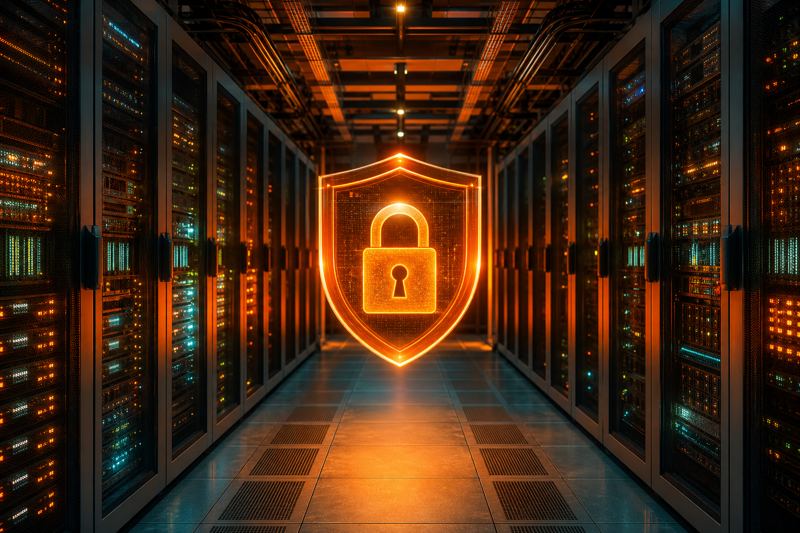 Glowing orange padlock shield floating above rows of servers in a dim data center aisle