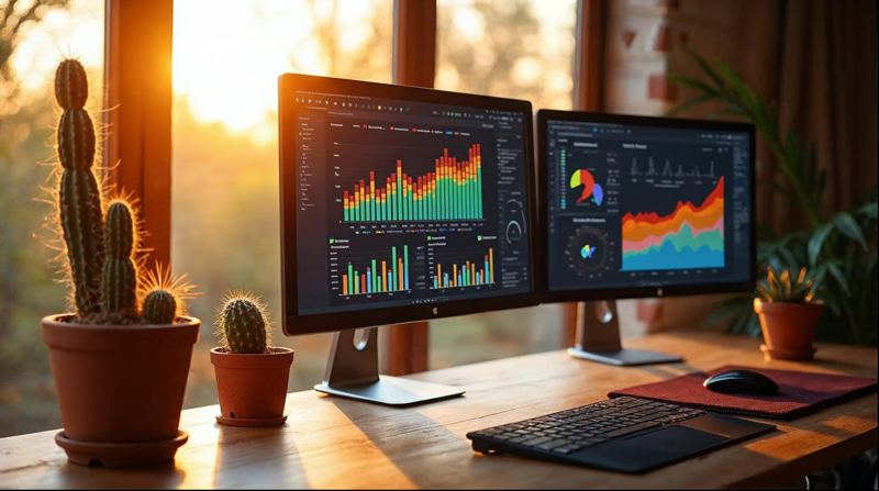 Desk with two monitors showing colorful analytics charts and a cactus in a clay pot