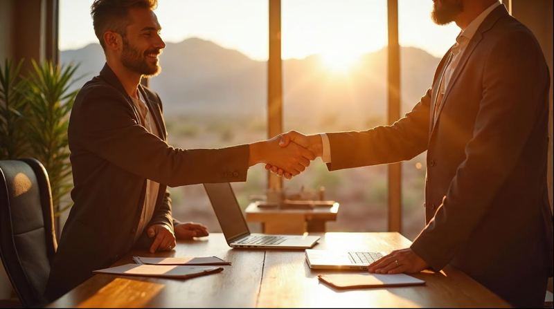 Two business partners shaking hands across a table with desert mountains in the window