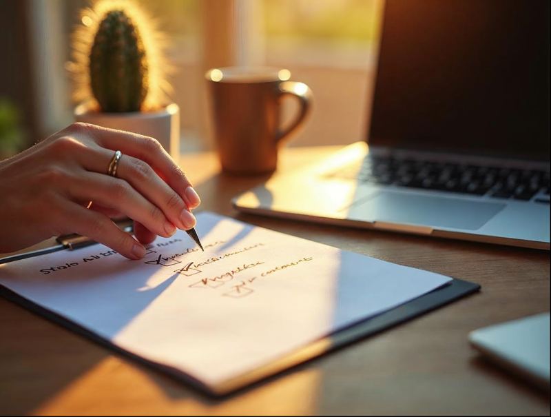 Hand checking items on a paper checklist beside a laptop and a small cactus