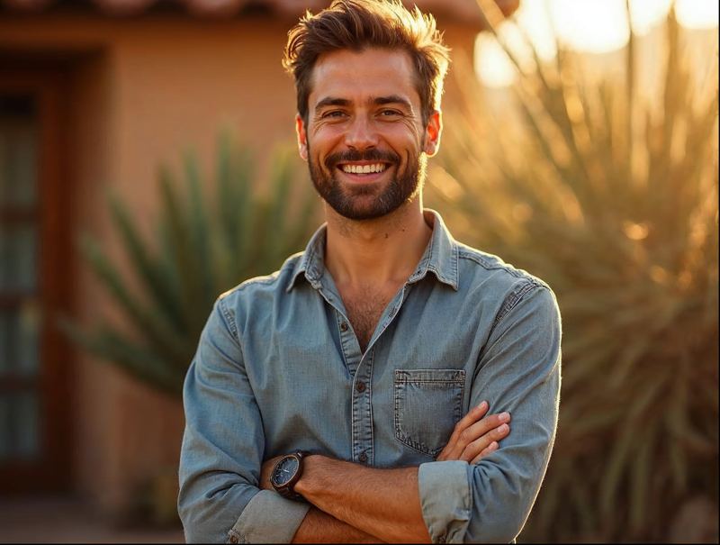 Smiling entrepreneur with arms crossed standing in a sunlit workshop with desert plants