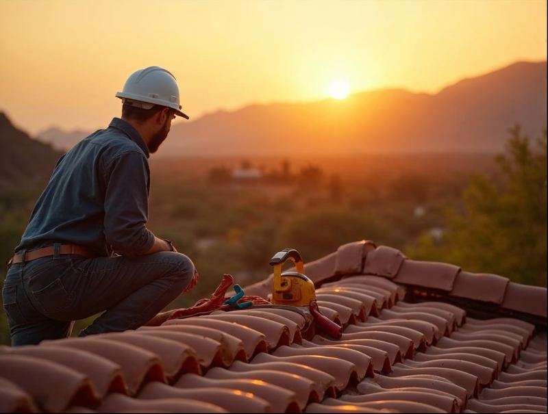 Roofer in a hard hat repairing a terracotta tile roof at sunset with mountains behind