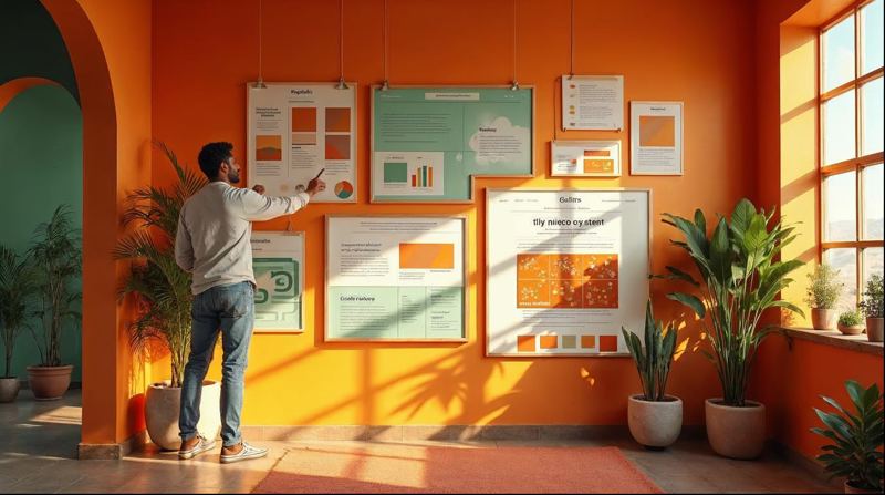 Designer pointing at website layout mockups and color swatches pinned to a studio wall