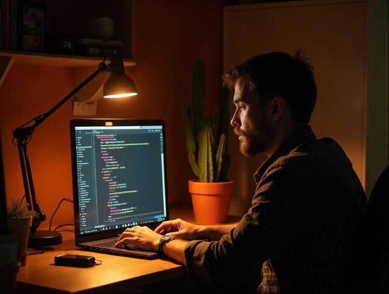 Developer working at a laptop with code on screen under a glowing desk lamp