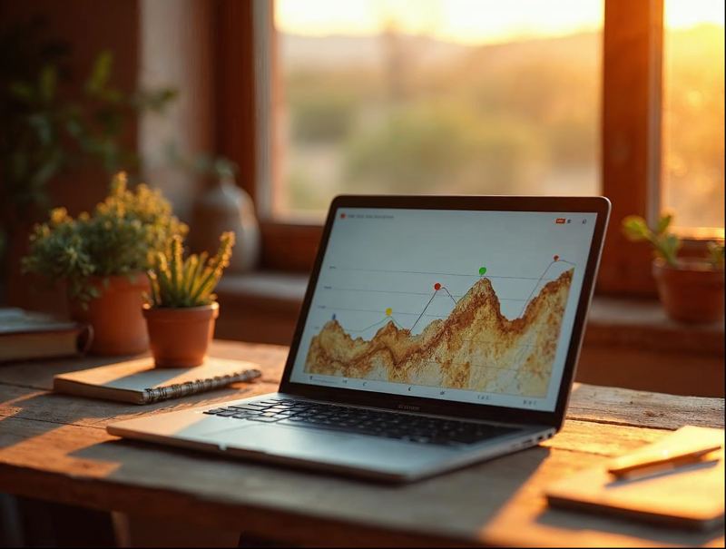 Laptop on a wooden desk showing a rising search traffic chart beside a notebook and succulent