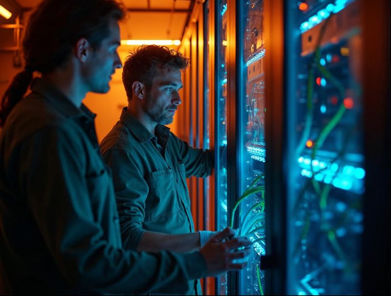 Two technicians moving cables between glowing server racks in a tidy server room