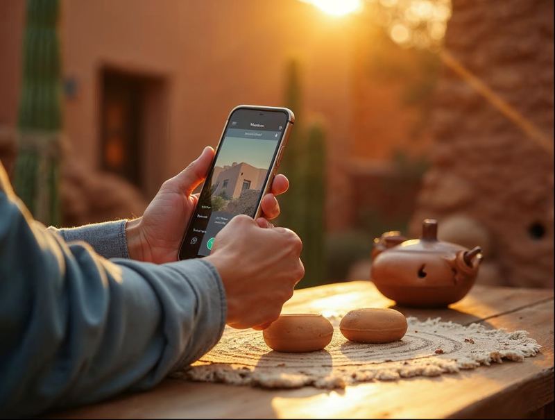 Hands holding a smartphone to film a small product on a wooden table in warm light