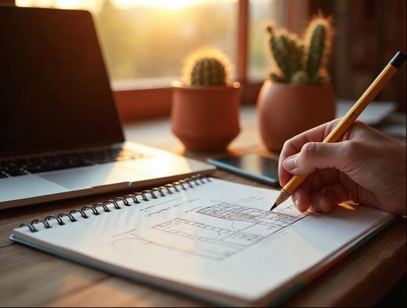Designer sketching a website layout in a notebook next to a laptop and small potted cactus