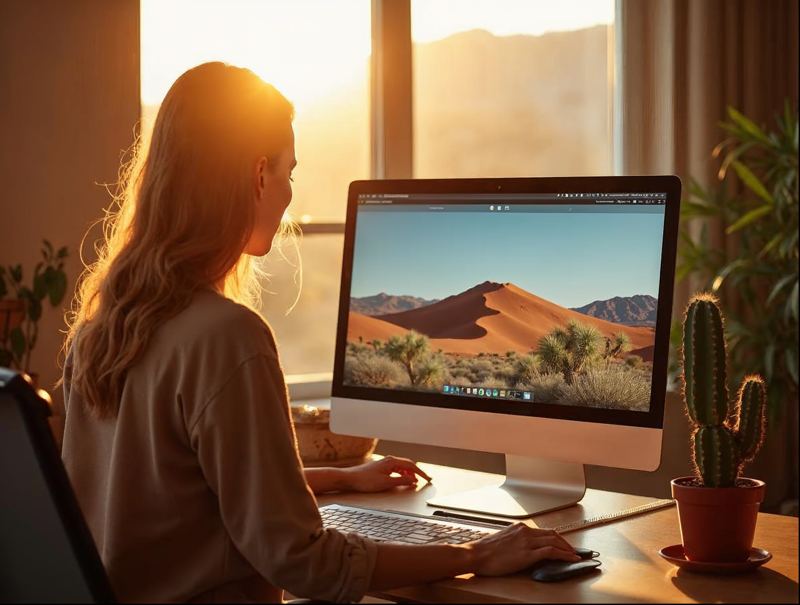 Woman editing a website on a large monitor in a bright home office with a cactus on the desk