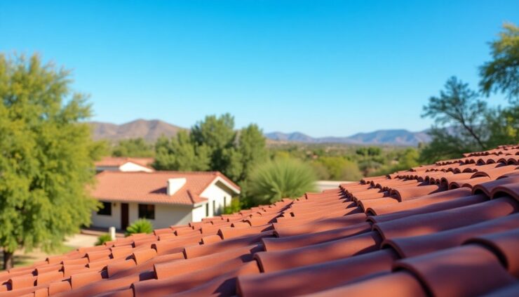 Tucson home with a beautiful roof under blue sky.